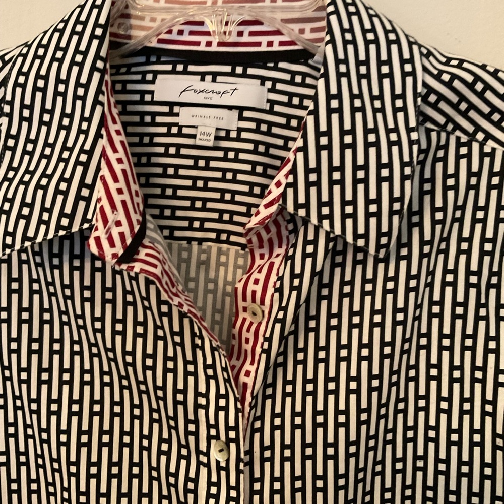 Foxcroft Black and White with Red Accents Button Down Shirt Wrinkle-Free - Picture 2 of 5
